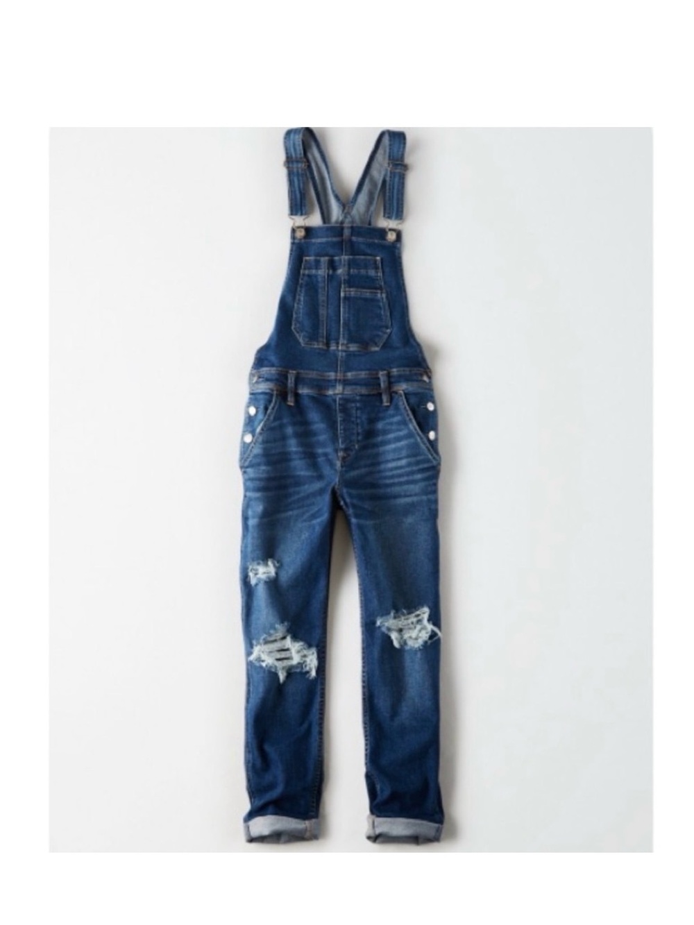 American Eagle Outfitters Stretch Tomgirl Distressed Blue Denim Overalls